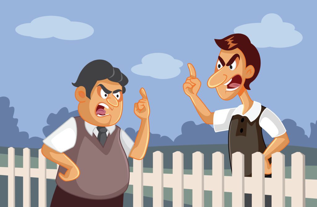 Two neighbors argue in a property line boundary dispute