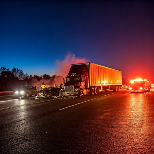 Large,Truck,Accident,Involving,A,Car,On,Interstate,At,Night